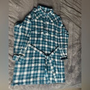 LOFT Teal and White Plaid Shirt Dress